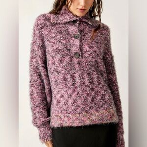 Free People Stellar Sweater Pink and Purple Textured Sweater with Buttons NWOT